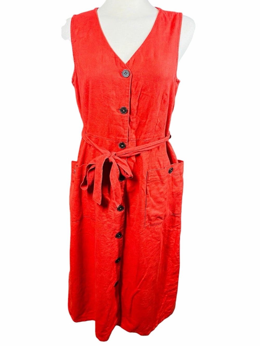 J. Jill Red Linen Button-Front Tie-Waist Sleeveless Dress Women’s Size Medium